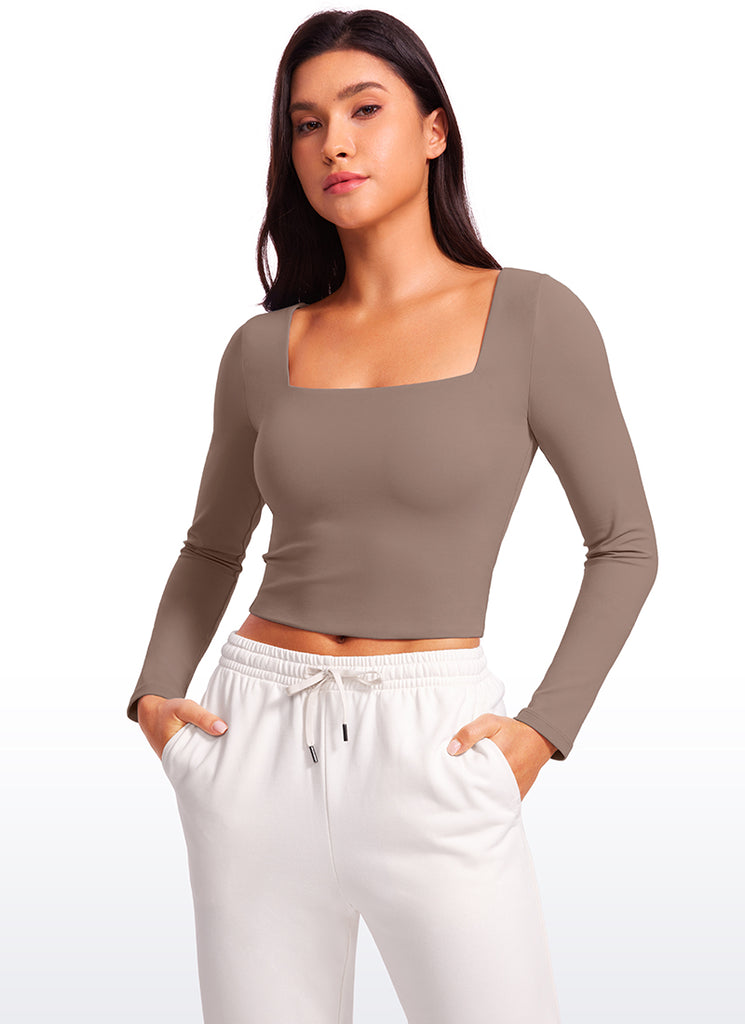 CRZ YOGA Women's Tight Fit Butterluxe Yoga Crop Long Sleeves Square Neck Olive Green