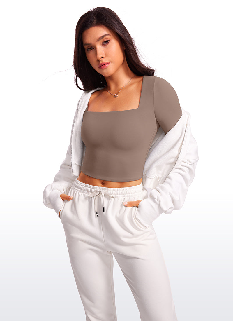 CRZ YOGA Women's Tight Fit Butterluxe Yoga Crop Long Sleeves Square Neck Brown Purple