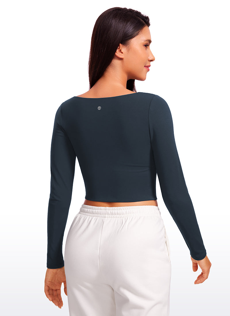 CRZ YOGA Women's Tight Fit Butterluxe Yoga Crop Long Sleeves Square Neck Black