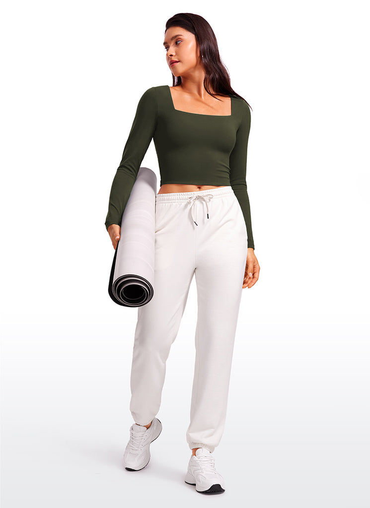 CRZ YOGA Women's Tight Fit Butterluxe Yoga Crop Long Sleeves Square Neck True Navy