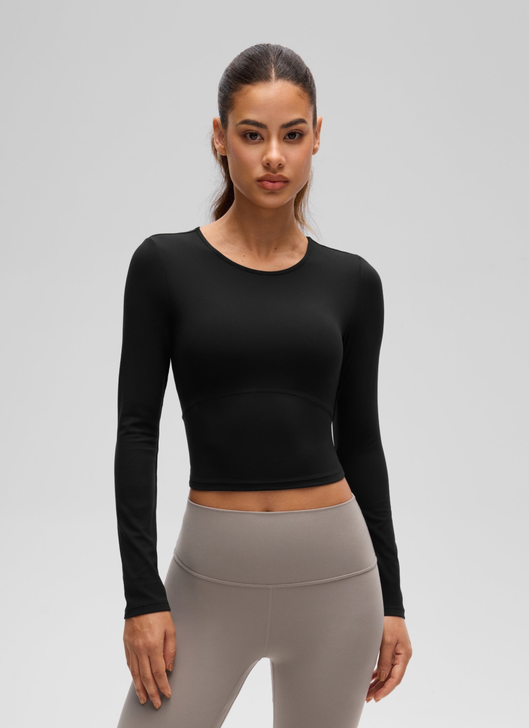 CRZ YOGA Women's Slim Fit Yoga Butterluxe Crop Long Sleeves Front Seam Black