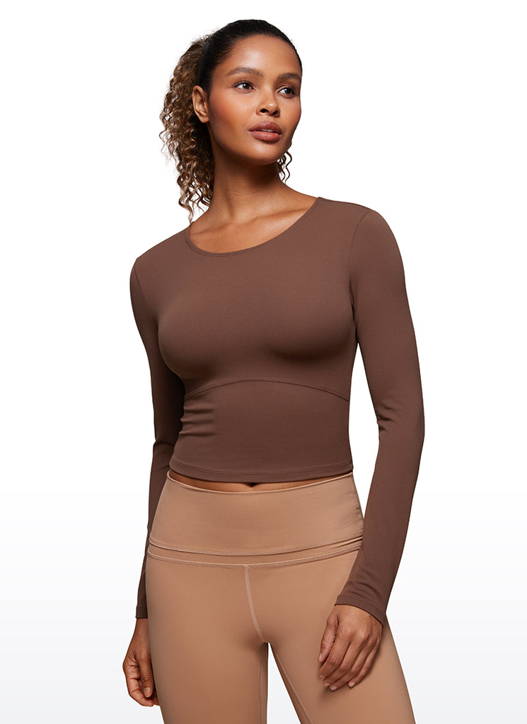 CRZ YOGA Women's Slim Fit Yoga Butterluxe Crop Long Sleeves Front Seam Coffee Brown