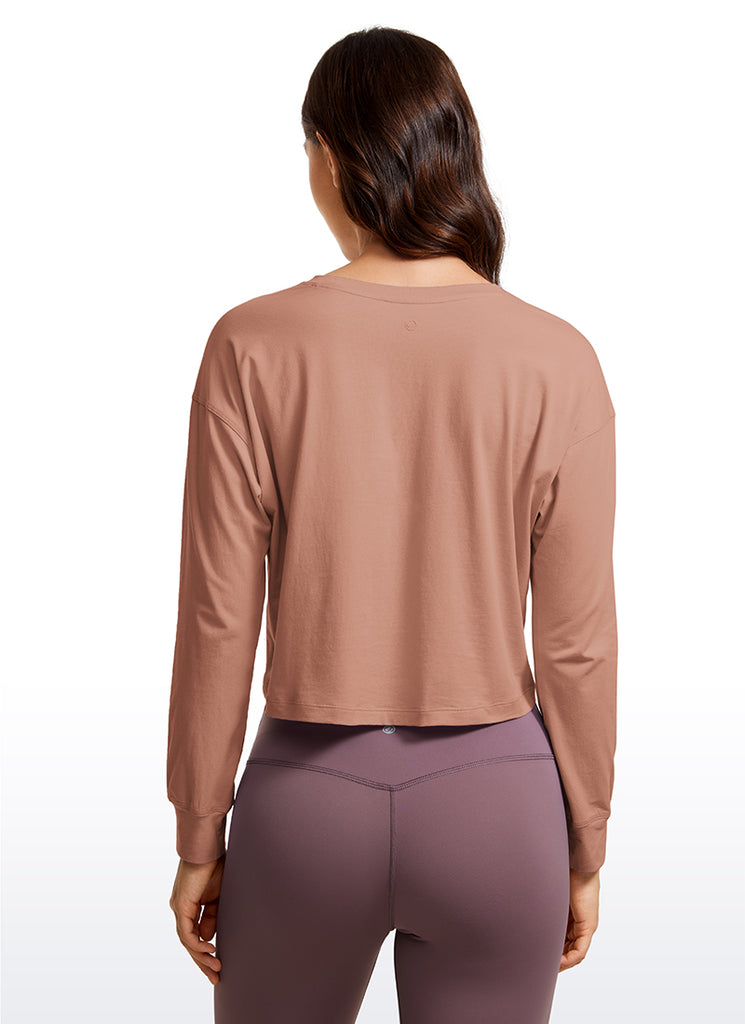 CRZ YOGA Women's Yoga Loose Fit Tops Pima Cotton Cropped Long Sleeve White