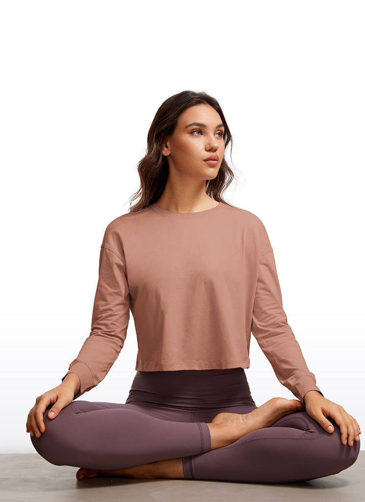 CRZ YOGA Women's Yoga Loose Fit Tops Pima Cotton Cropped Long Sleeve White