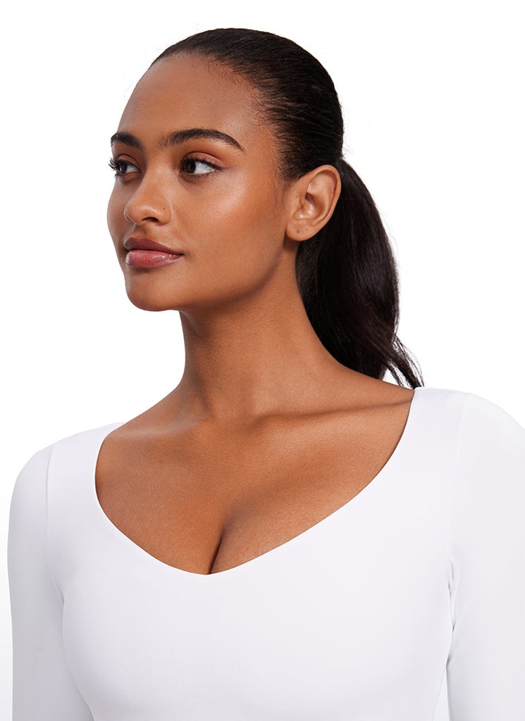 CRZ YOGA Women's Butterluxe Double Lined Long Sleeve V Neck Cropped White