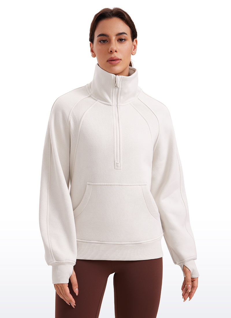 Fleece Lined Half Zip Hip-Length Hoodies Funnel Neck with Thumb Holes