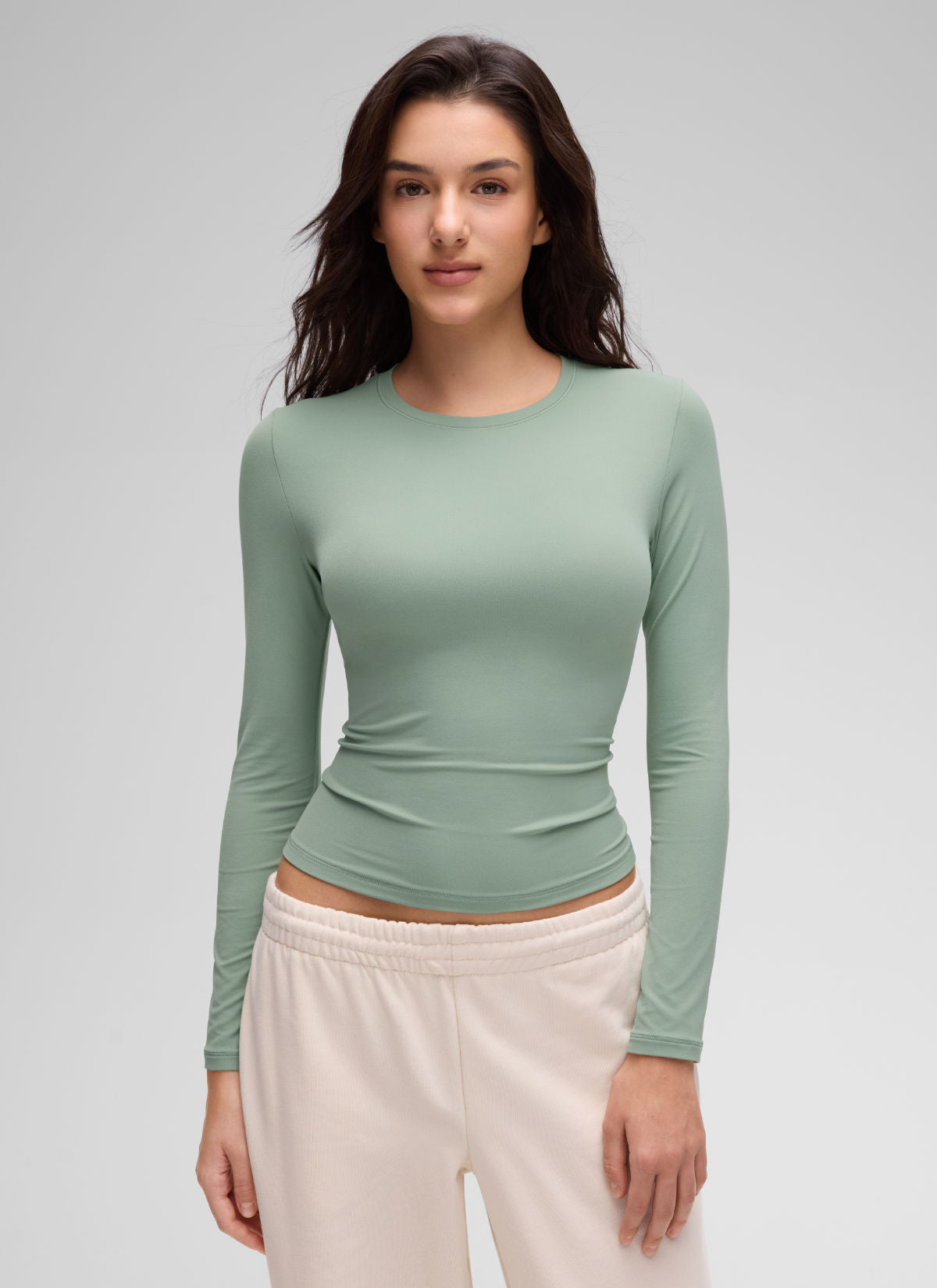 CRZ YOGA Women's Crew Neck Tight Fit Long Sleeve Shirts Casual Tee Green Palm Court