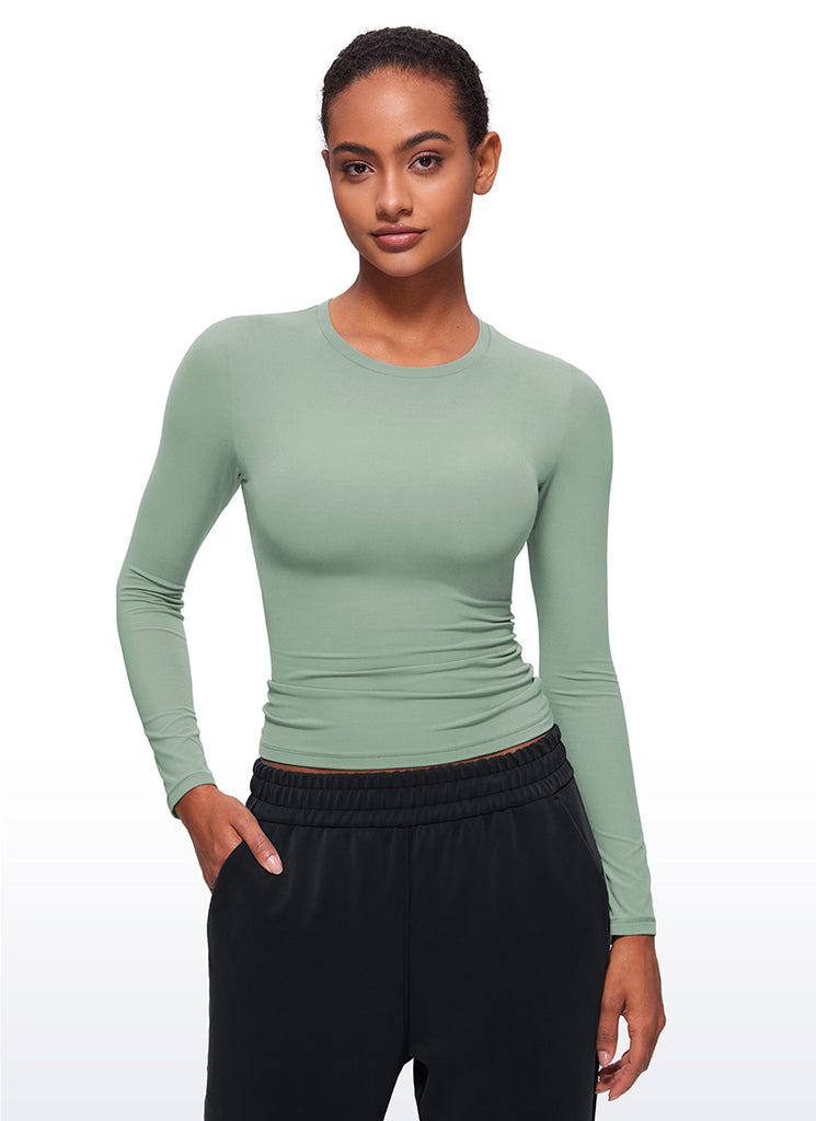 CRZ YOGA Women's Crew Neck Tight Fit Long Sleeve Shirts Casual Tee White