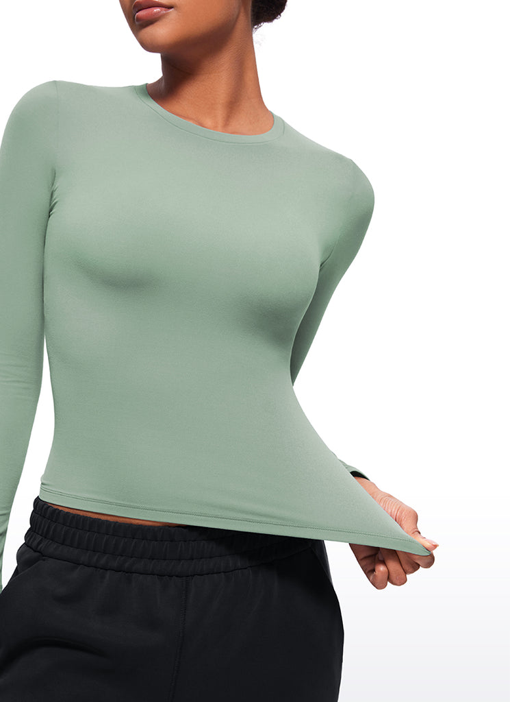 CRZ YOGA Women's Crew Neck Tight Fit Long Sleeve Shirts Casual Tee Green Palm Court