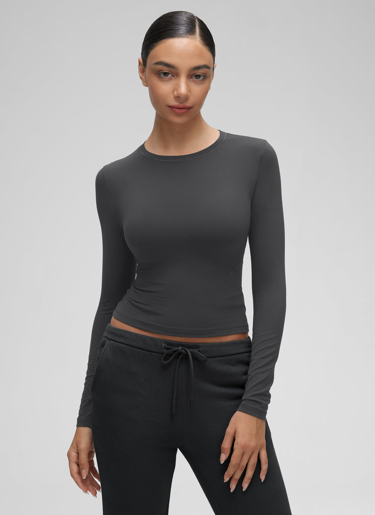 CRZ YOGA Women's Crew Neck Tight Fit Long Sleeve Shirts Casual Tee Mysterious Grey