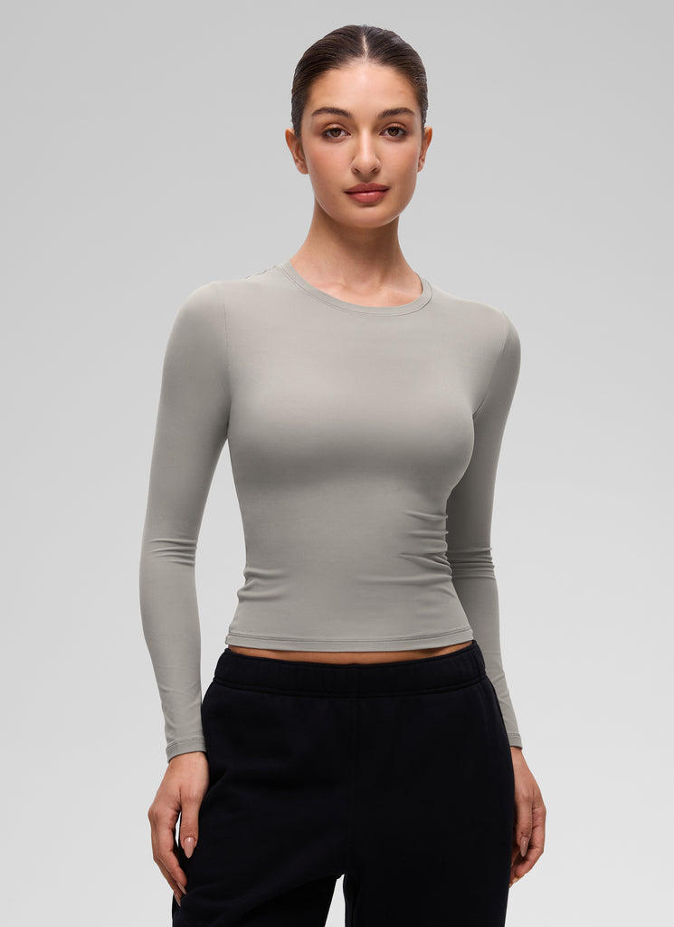 CRZ YOGA Women's Crew Neck Tight Fit Long Sleeve Shirts Casual Tee Rock grey