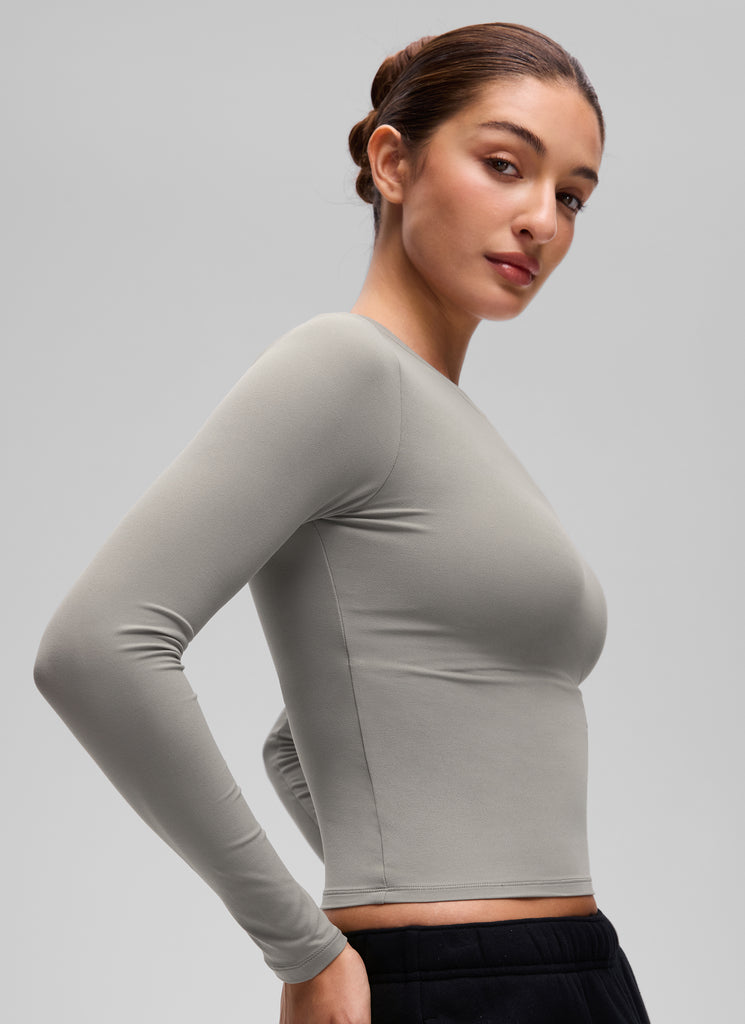 CRZ YOGA Women's Crew Neck Tight Fit Long Sleeve Shirts Casual Tee Rock grey