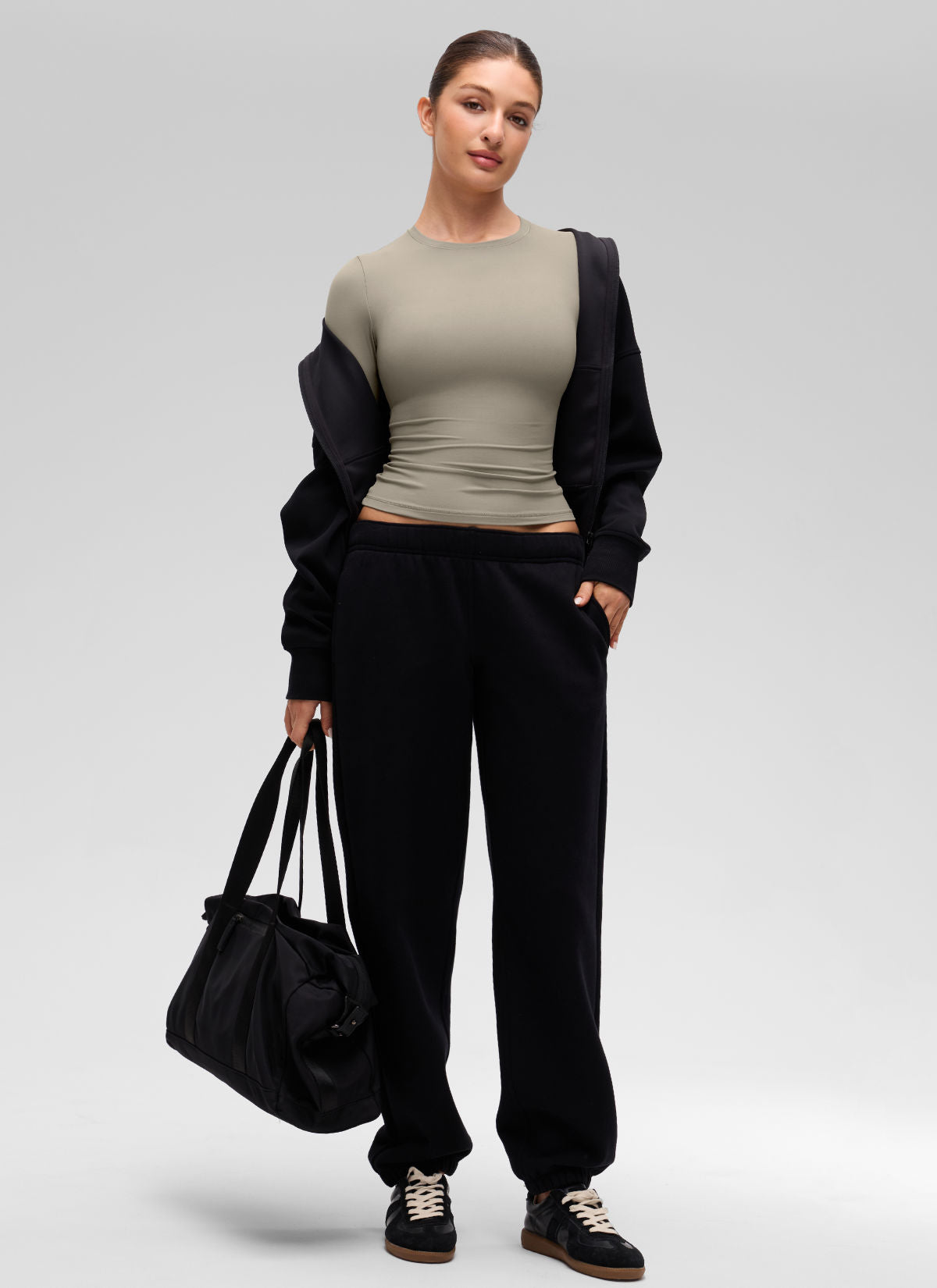 CRZ YOGA Women's Crew Neck Tight Fit Long Sleeve Shirts Casual Tee Warm Ash Grey