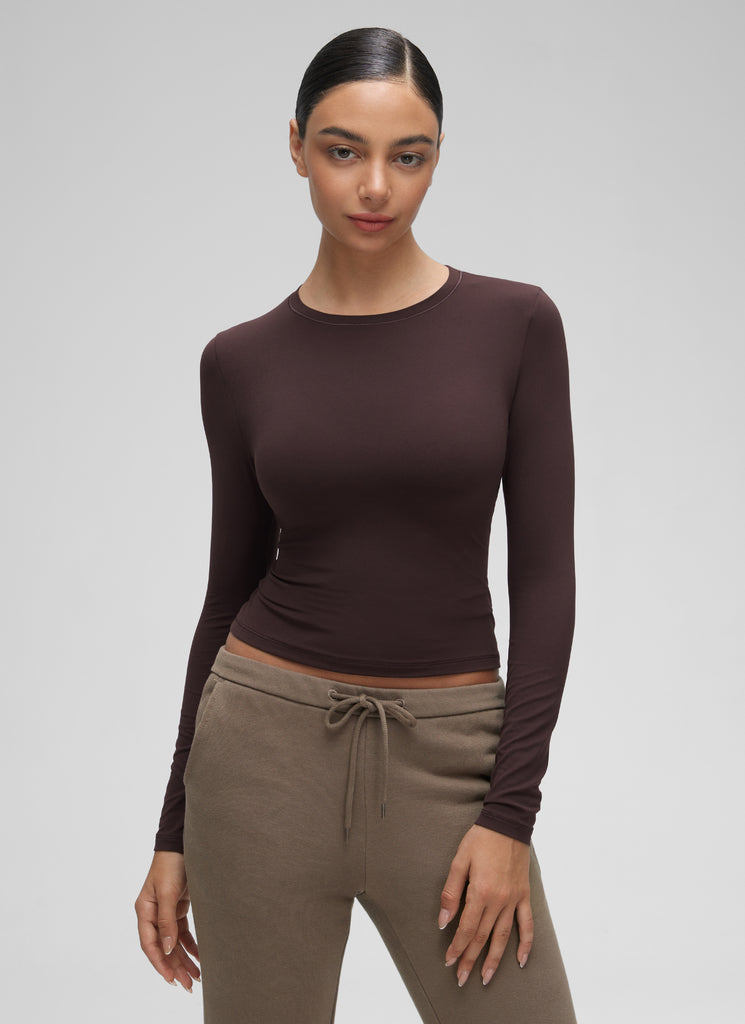 CRZ YOGA Women's Crew Neck Tight Fit Long Sleeve Shirts Casual Tee White