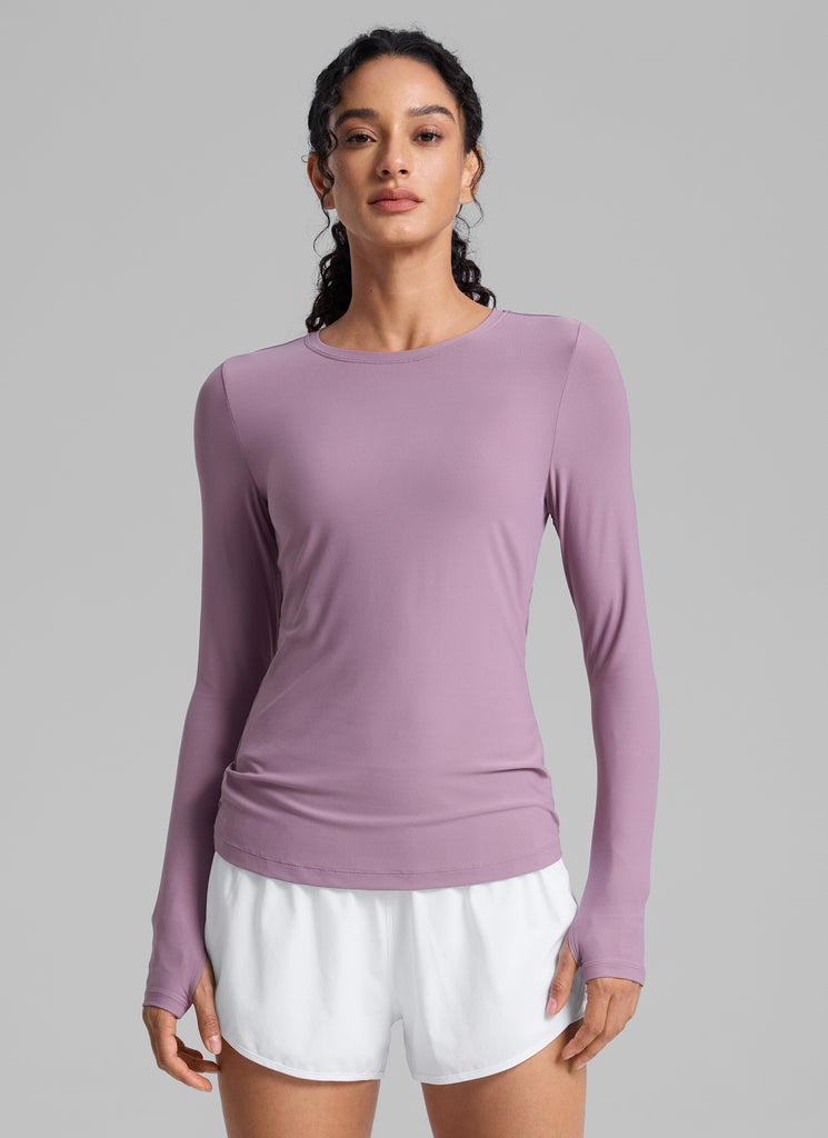 CRZYOGA Women's Cloudweight Workout Crewneck Long Sleeve Thumb Hole Aurora Red