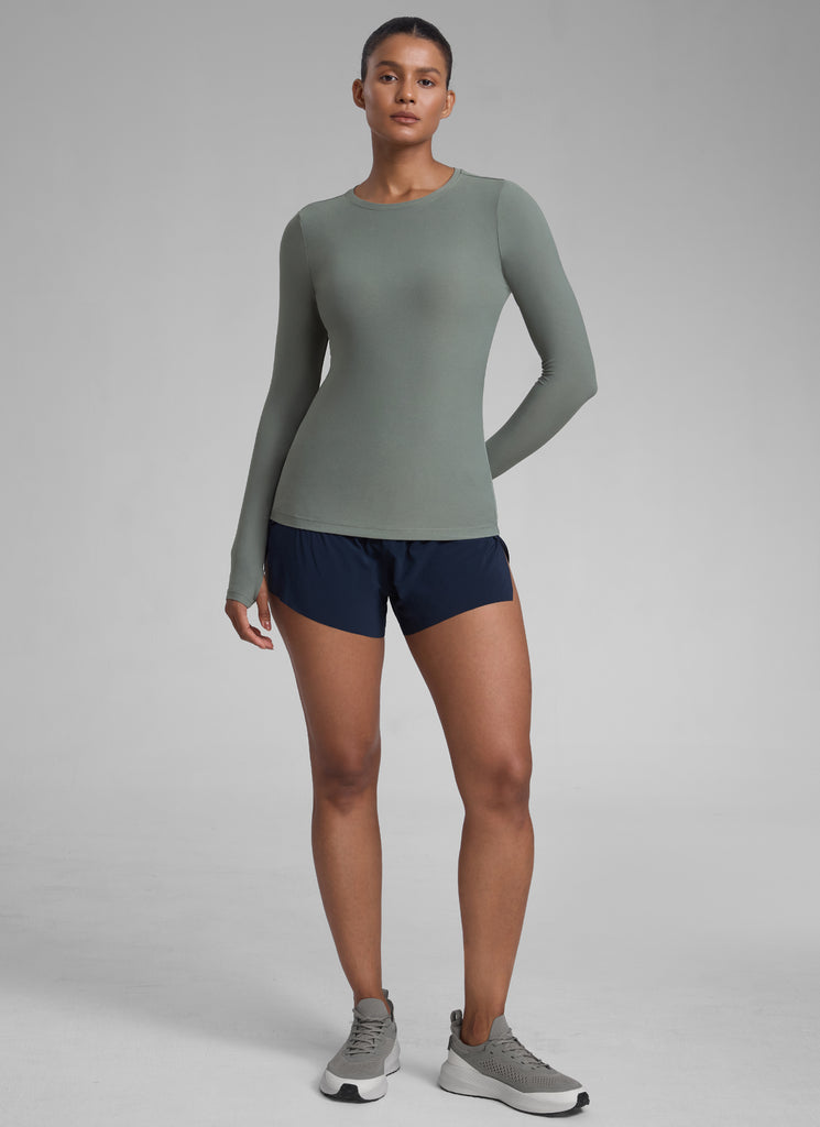 CRZYOGA Women's Cloudweight Workout Crewneck Long Sleeve Thumb Hole Grey Sage