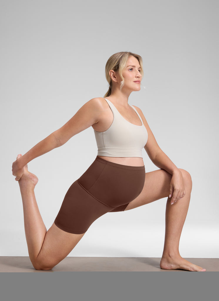 CRZ YOGA Women's Maternity Biker Shorts Super High Rise Butterluxe 4'' Coffee Brown