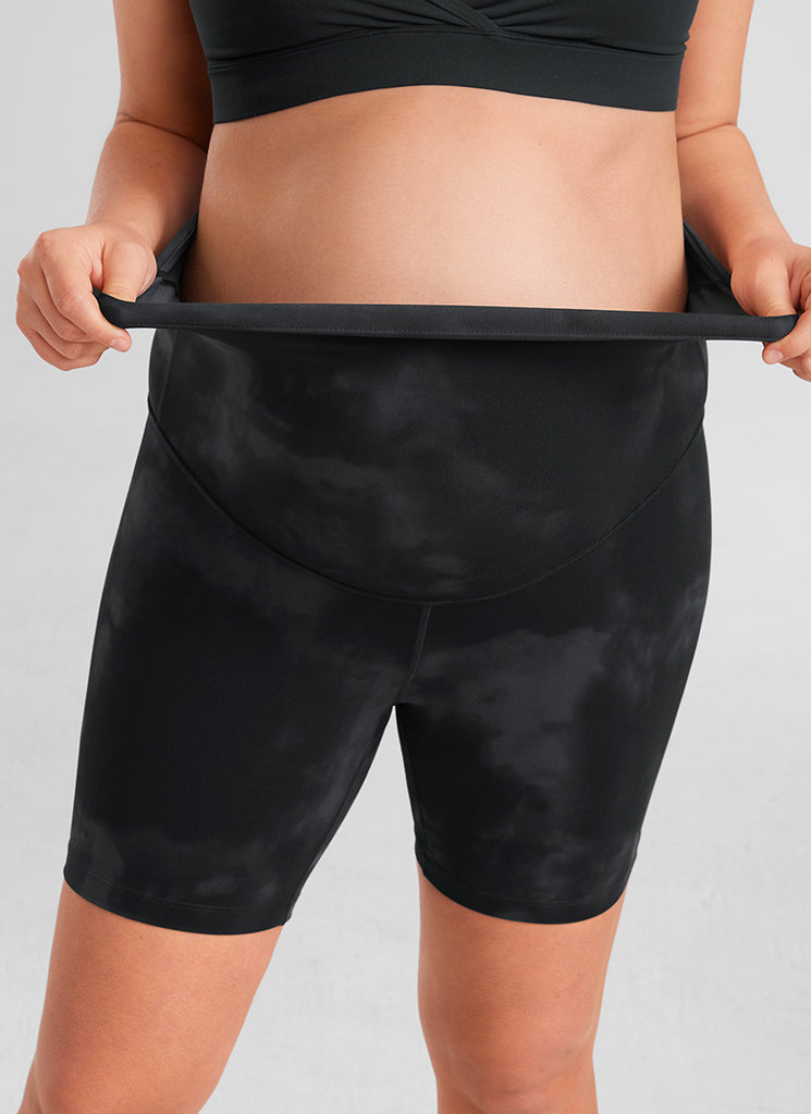 CRZ YOGA Women's Maternity Biker Shorts Super High Rise Butterluxe 6'' Black Tie Dye Flowers