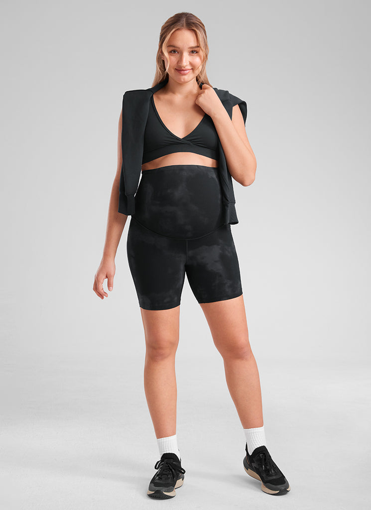 CRZ YOGA Women's Maternity Biker Shorts Super High Rise Butterluxe 6'' Black Tie Dye Flowers