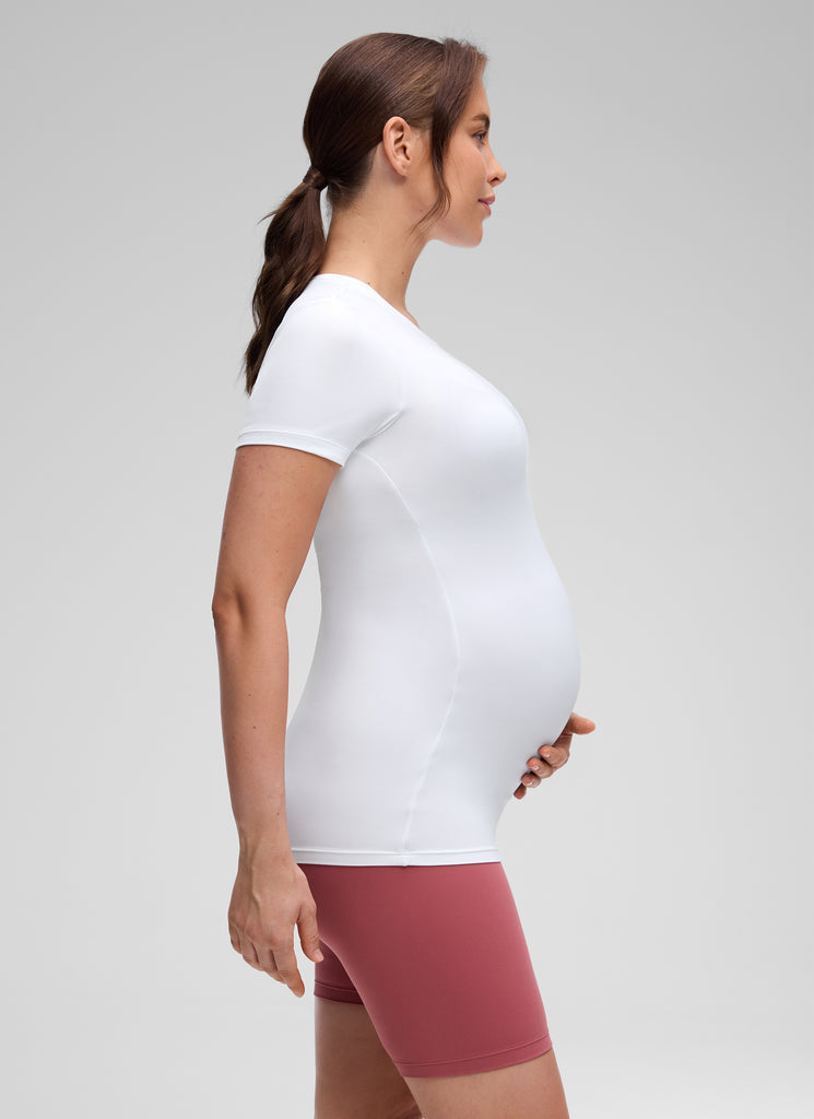 CRZ YOGA Women Casual Slim Fit Maternity Short Sleeves Crew Neck White