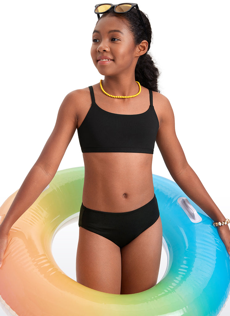 CRZ YOGA Girls Swim Bikini Set Scoop Neck Mid Rise Bottom Swimsuit Black