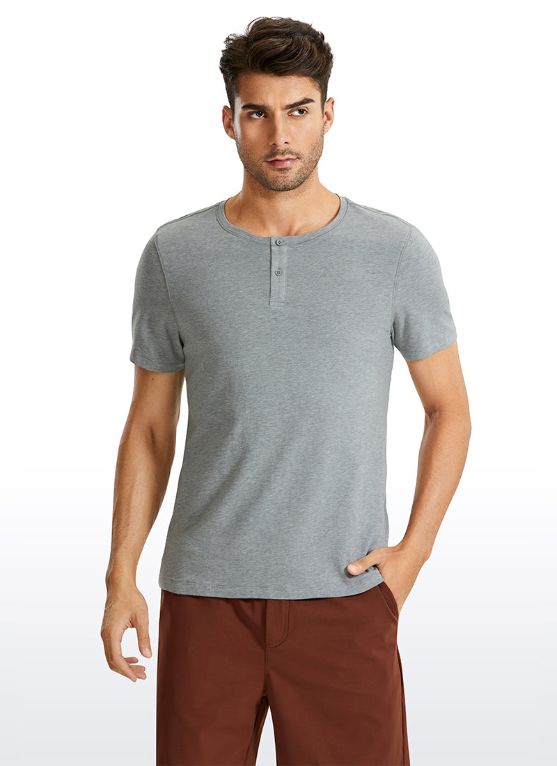 Pima Cotton Henley Short Sleeves - Heathered Medium Grey